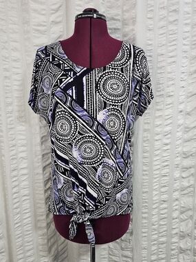 Chico's Black & Lavender Geometric Tie-Front Blouse